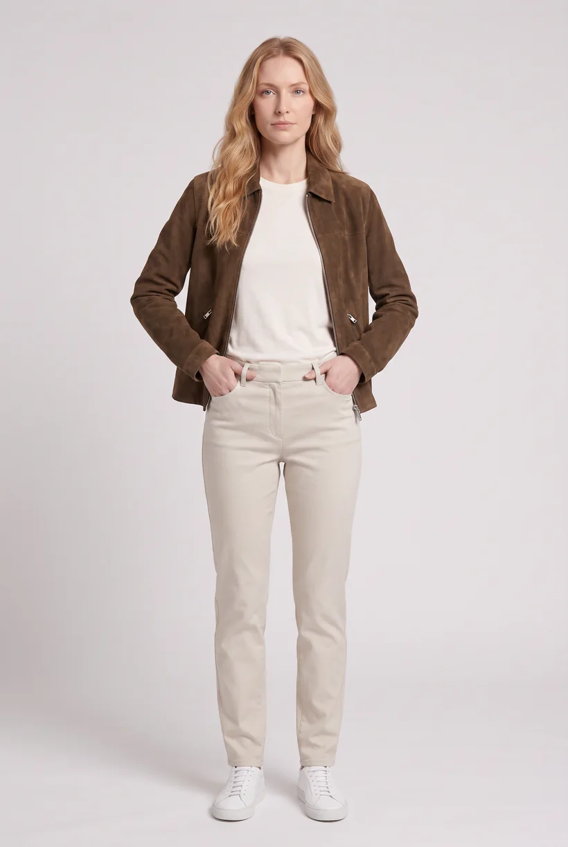 Model wearing a suede zip jacket, full-body front on the Pure White studio, generated with nano-banana-pro through the Product page set template