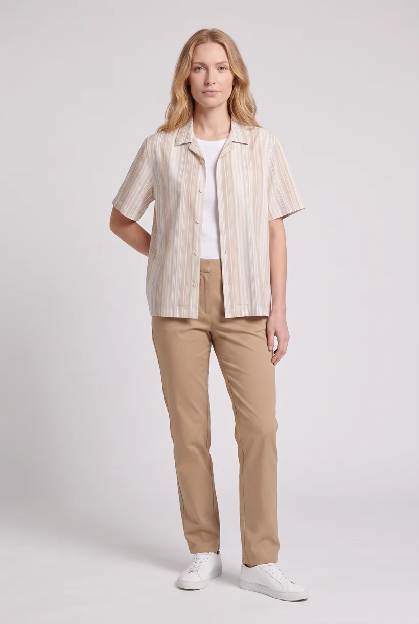 Model wearing a striped camp-collar resort shirt, full-body front on the Pure White studio, generated with nano-banana-pro through the Product page set template
