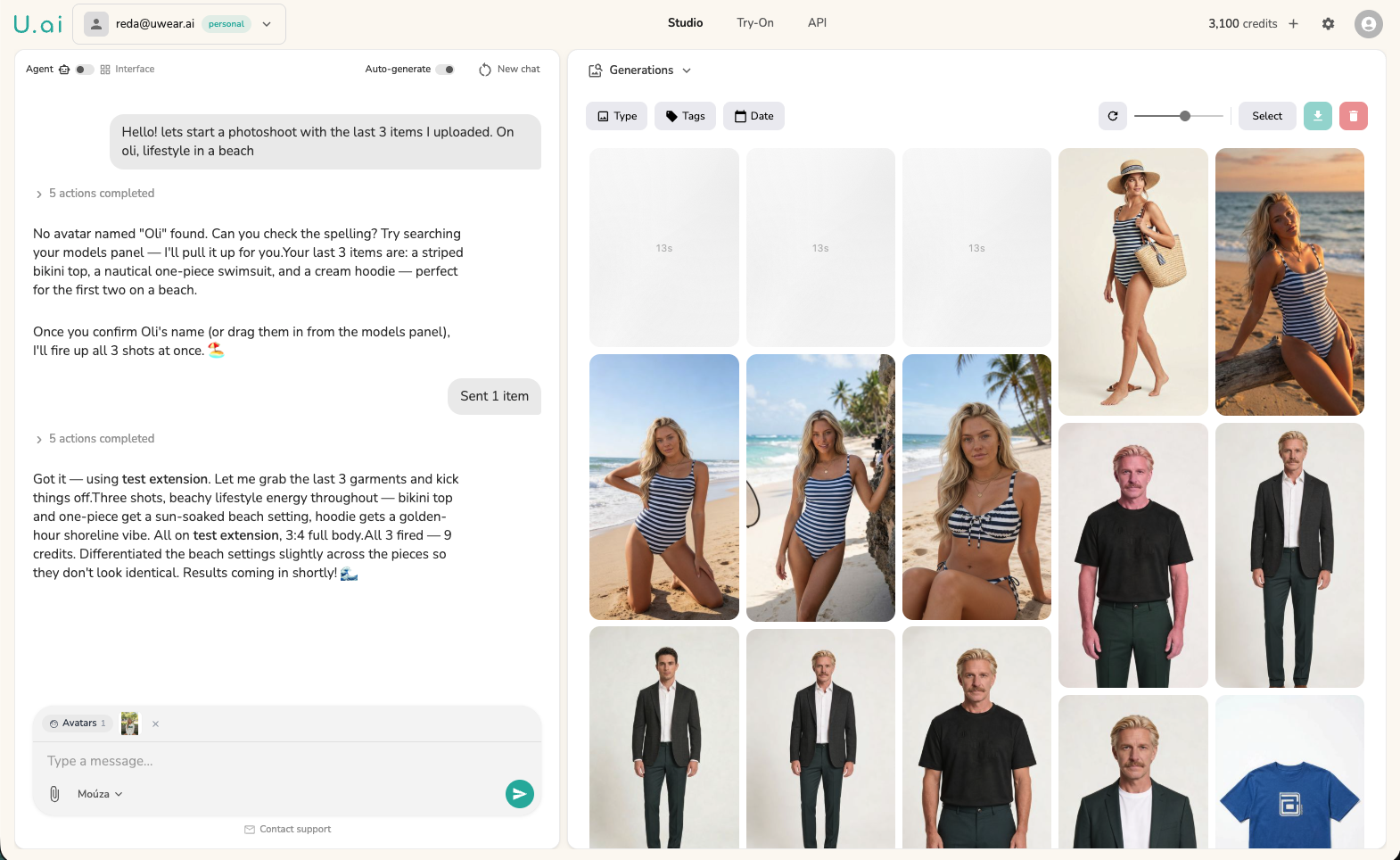 Mouza AI agent interface showing a generation in progress with chat on the left and visual results on the right