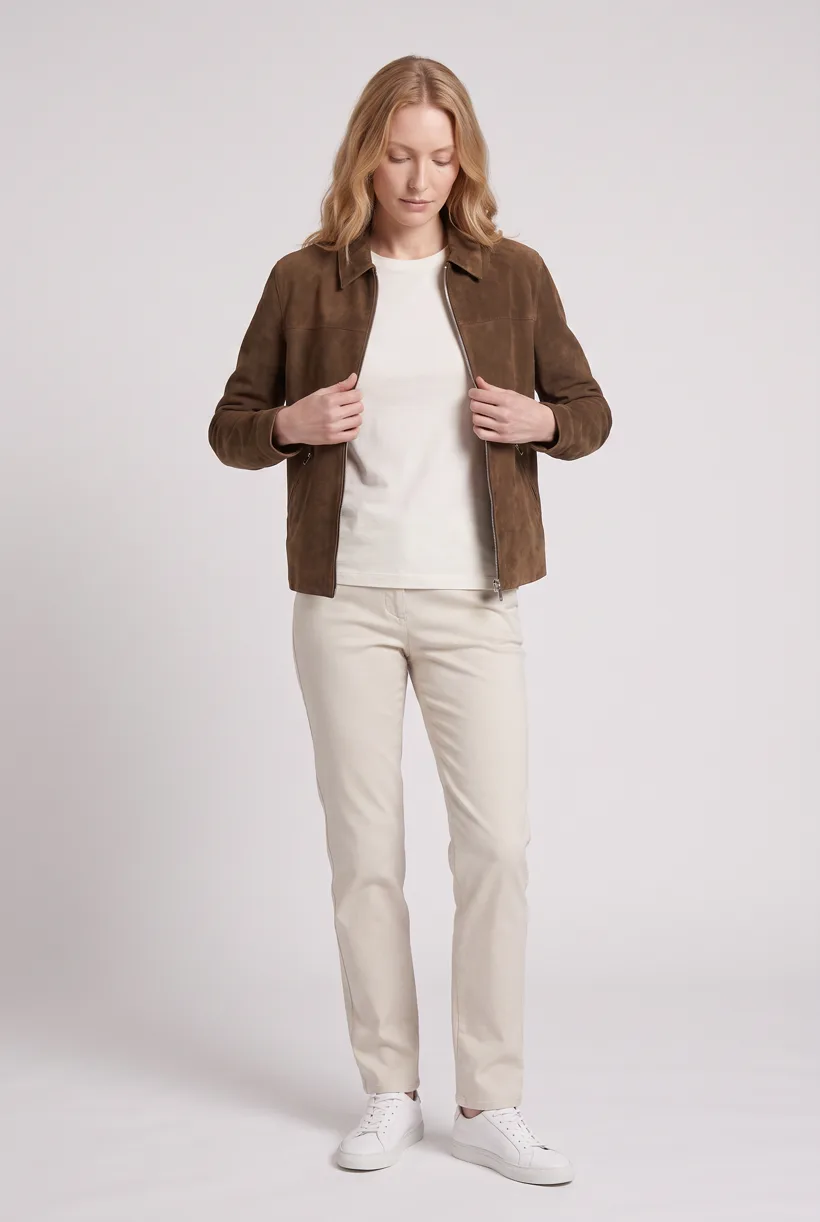Model in einer Wildlederjacke mit Reißverschluss, Ganzkörperansicht von vorne im Studio Pure White, generiert mit nano-banana-pro über die Vorlage Product page set