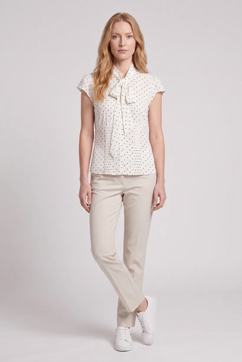 Model wearing a polka-dot tie-neck blouse, full-body front on the Pure White studio, generated with nano-banana-pro through the Product page set template