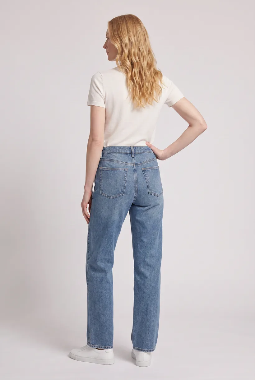 Model wearing the same wide-leg jeans, full-body back camera edit on the Pure White studio, generated with nano-banana-pro through the Product page set template