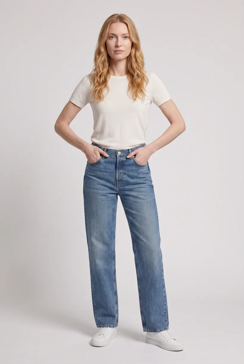 Model wearing a pair of wide-leg jeans, full-body front on the Pure White studio, generated with nano-banana-pro through the Product page set template