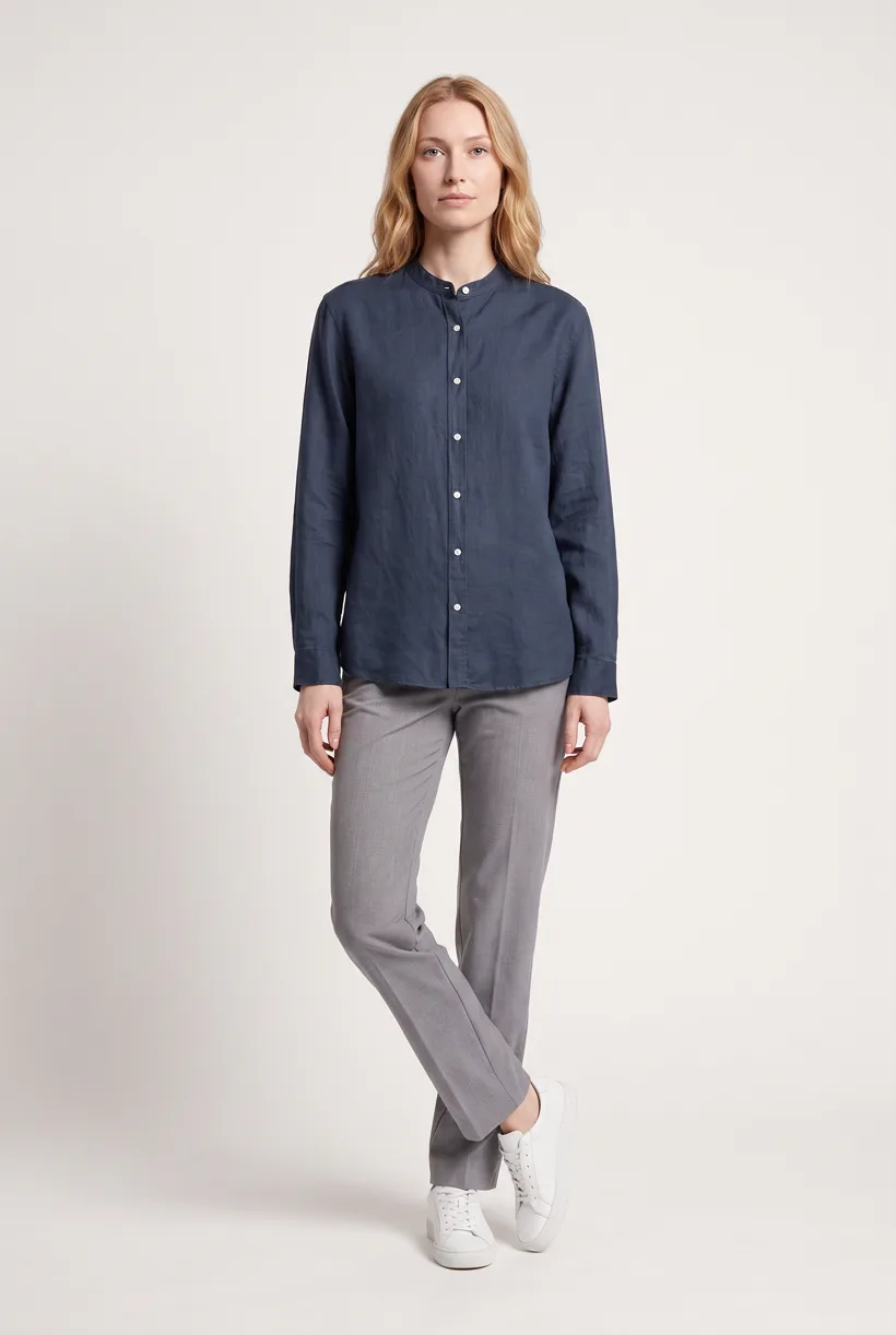 Model wearing a navy band-collar work shirt, full-body front on the Pure White studio, generated with nano-banana-pro through the Product page set template