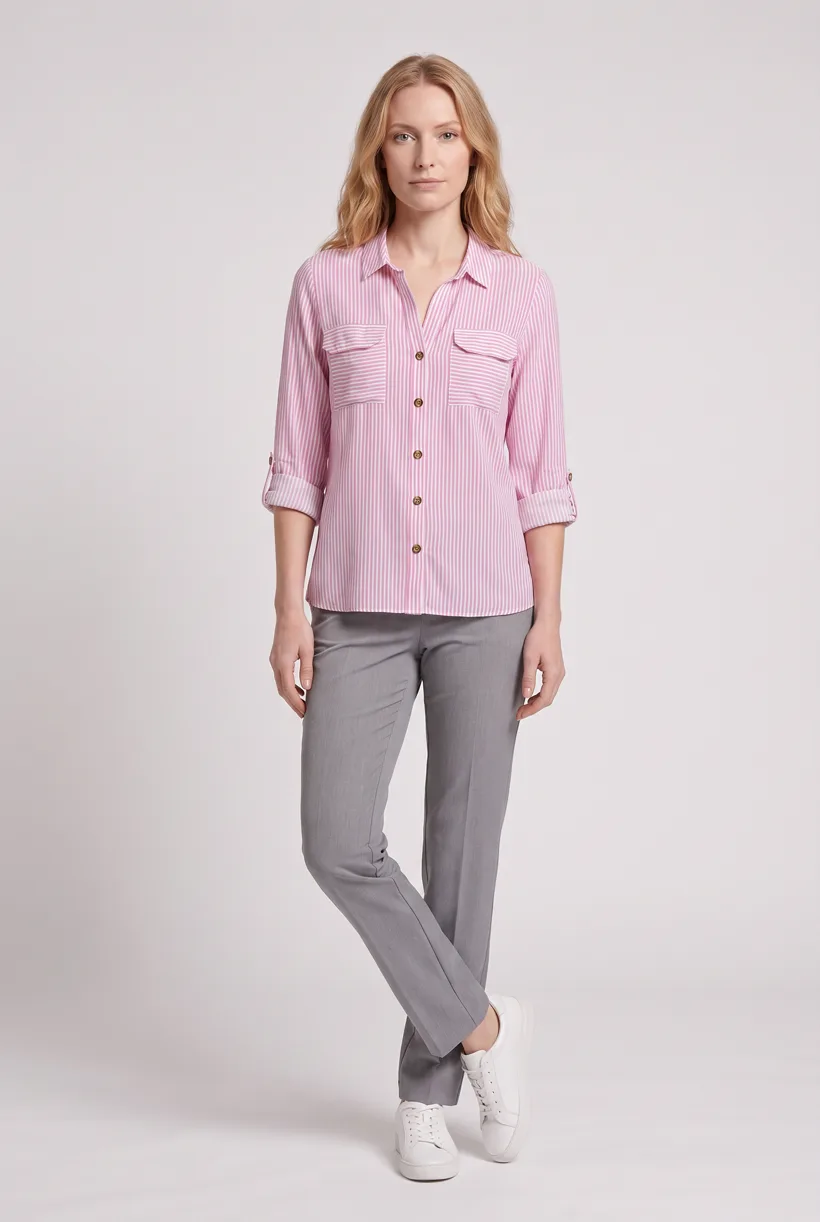 Model in einem rosa gestreiften Hemd mit vorderer Knopfleiste, Ganzkörperansicht von vorne im Studio Pure White, generiert mit nano-banana-pro über die Vorlage Product page set