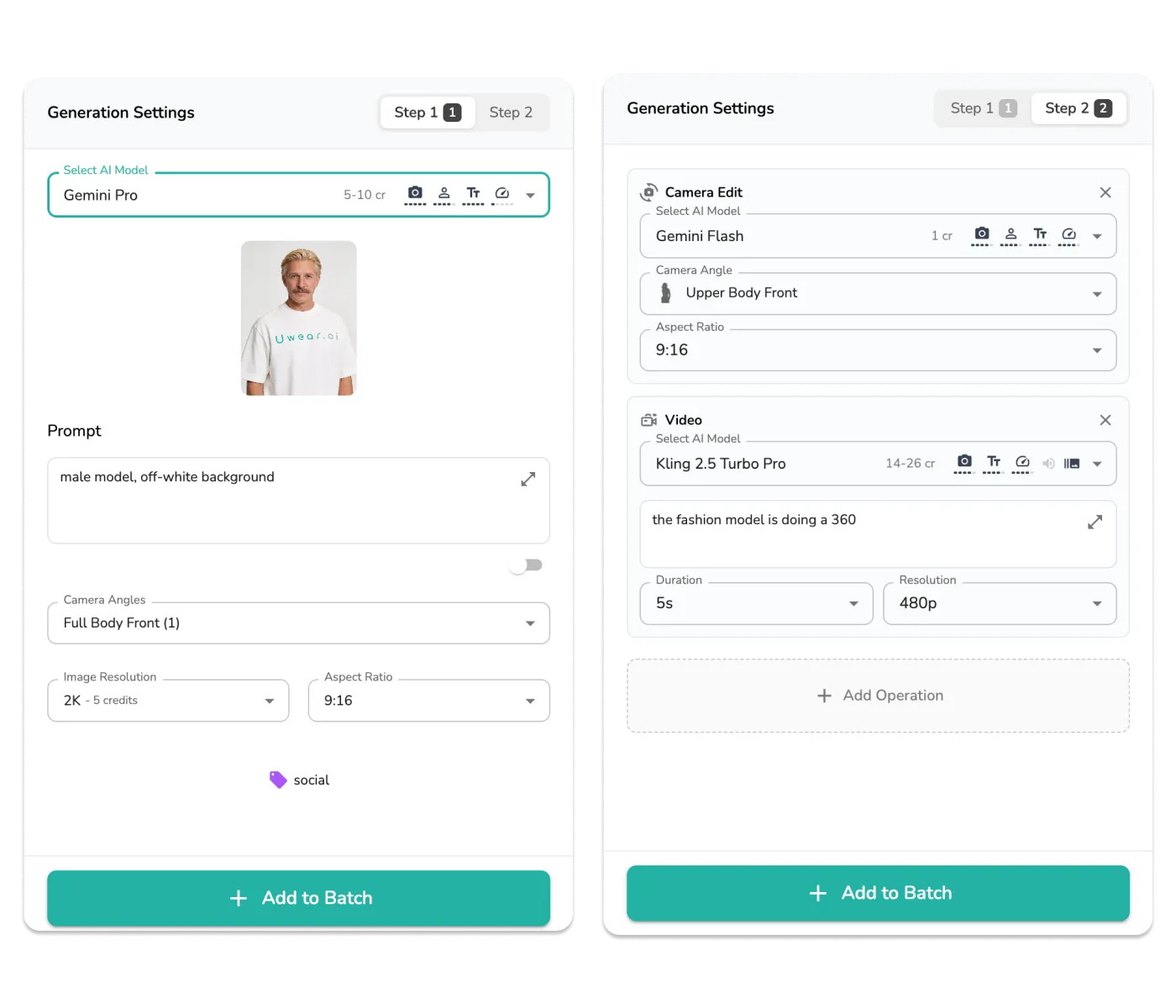 Uwear Studio batch generation settings showing Step 1 with AI model selection, prompt, and camera angles, and Step 2 with chained camera edit and video generation operations