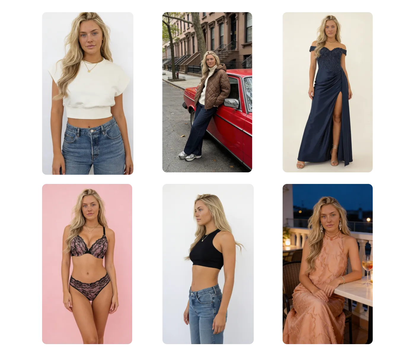 Consistent unique AI model wearing different outfits across multiple settings