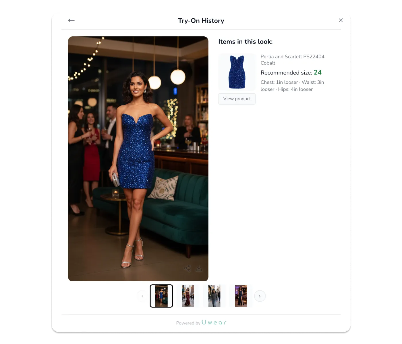 Uwear Try-On history view showing past virtual try-on results with product details and recommended sizing