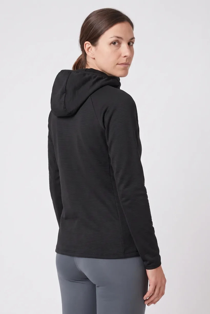 Model mit derselben Kapuzen-Fleecejacke, Kamerabearbeitung des Oberkörpers von hinten mit nano-banana-pro über Uwear MCP generiert