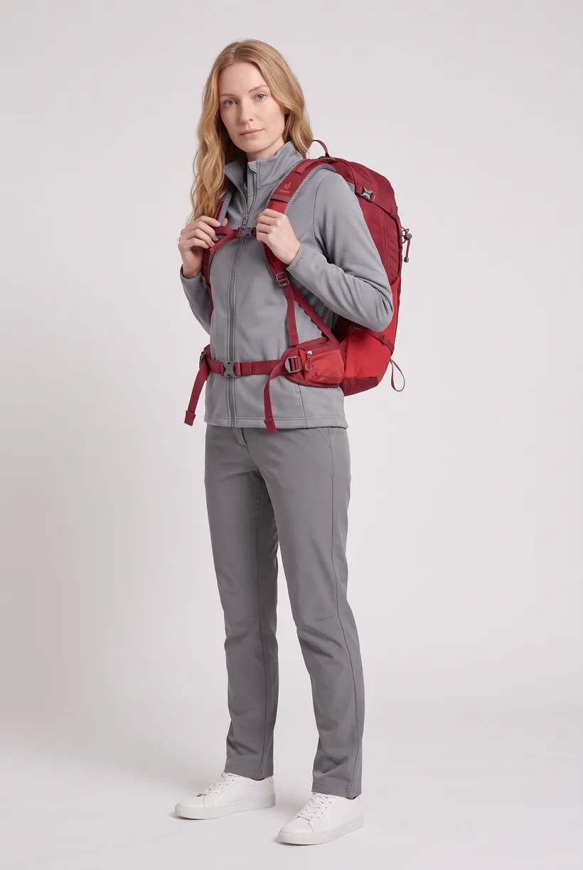 Modelo carregando uma mochila técnica vermelha, plano frontal de corpo inteiro no estúdio Pure White, gerado com nano-banana-pro pelo modelo Product page set