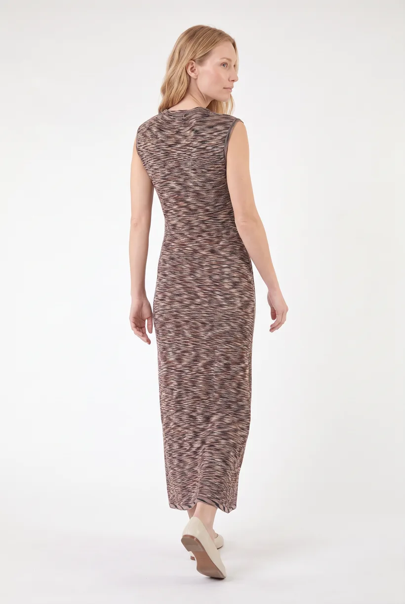 Model wearing the same space-dyed knit maxi dress, full-body back camera edit on the Pure White studio, generated with nano-banana-pro through the Product page set template