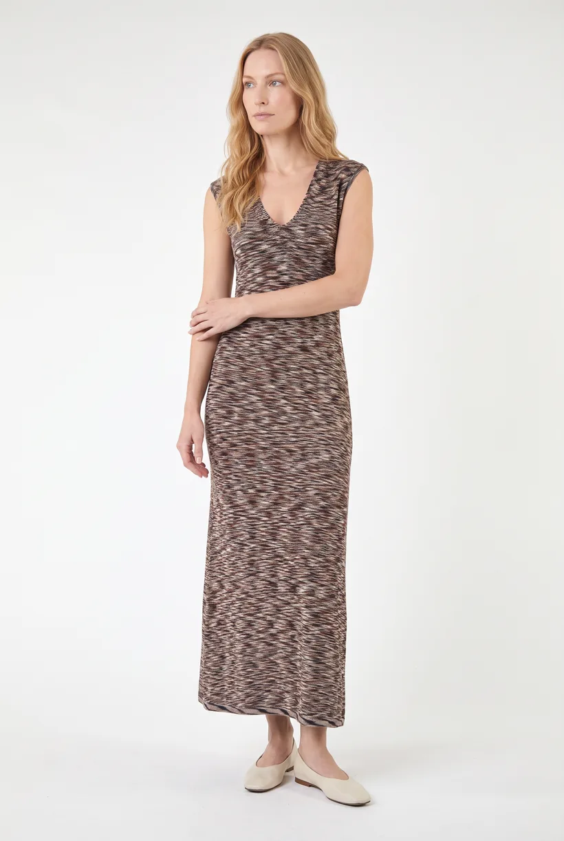 Model wearing a space-dyed knit maxi dress, full-body front on the Pure White studio, generated with nano-banana-pro through the Product page set template