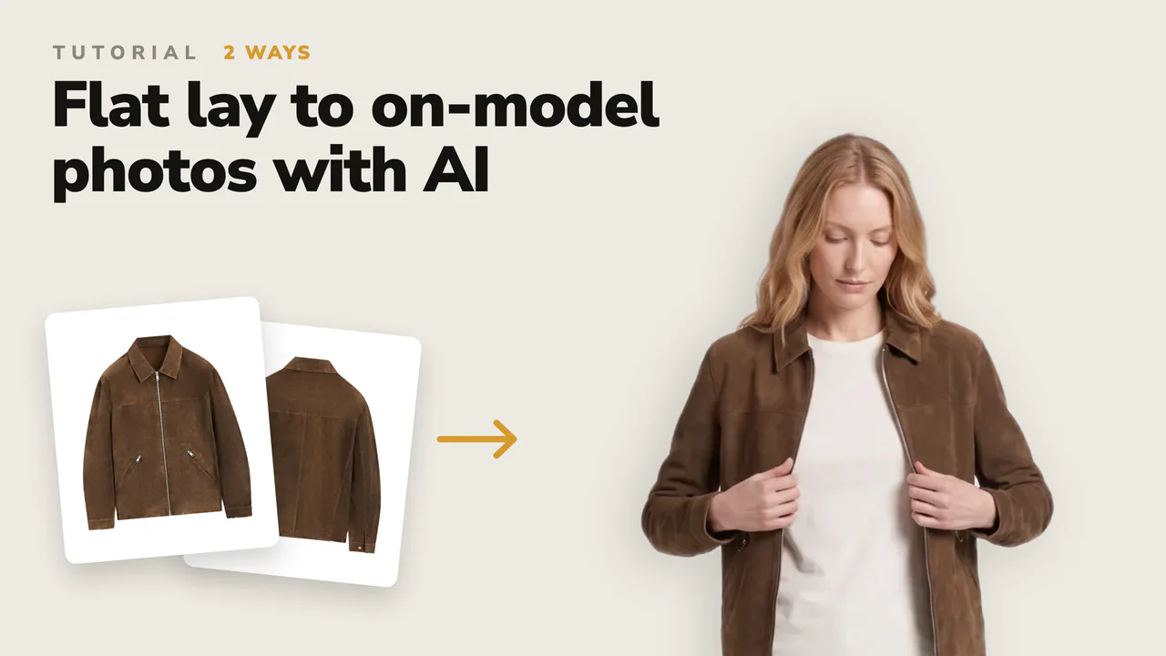 Uwear tutorial thumbnail: the front and back flat lays of a brown suede zip jacket, an arrow, and the same jacket on a model generated with Gemini Pro