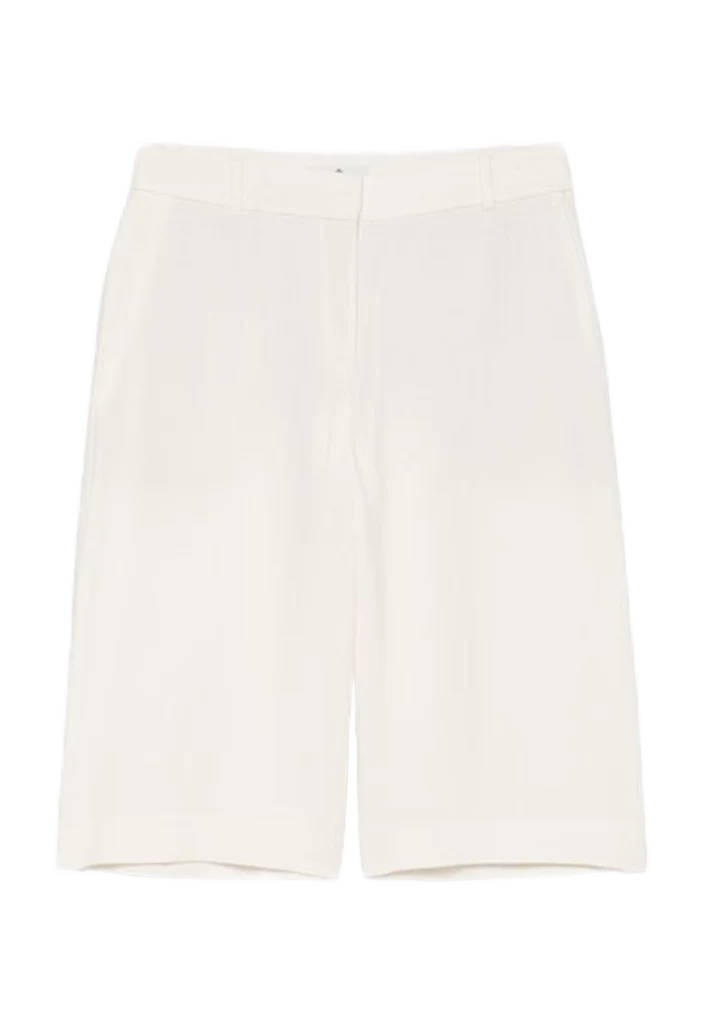 Hollow ghost-mannequin product shot of women's cream tailored knee-length shorts