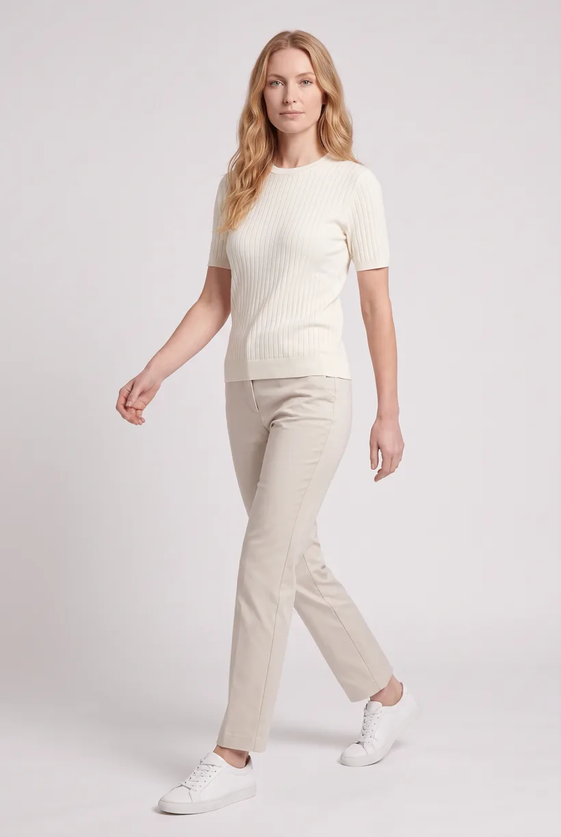 Model in einem kurzärmeligen Rippstricktop, Ganzkörperansicht von vorne im Studio Pure White, generiert mit nano-banana-pro über die Vorlage Product page set
