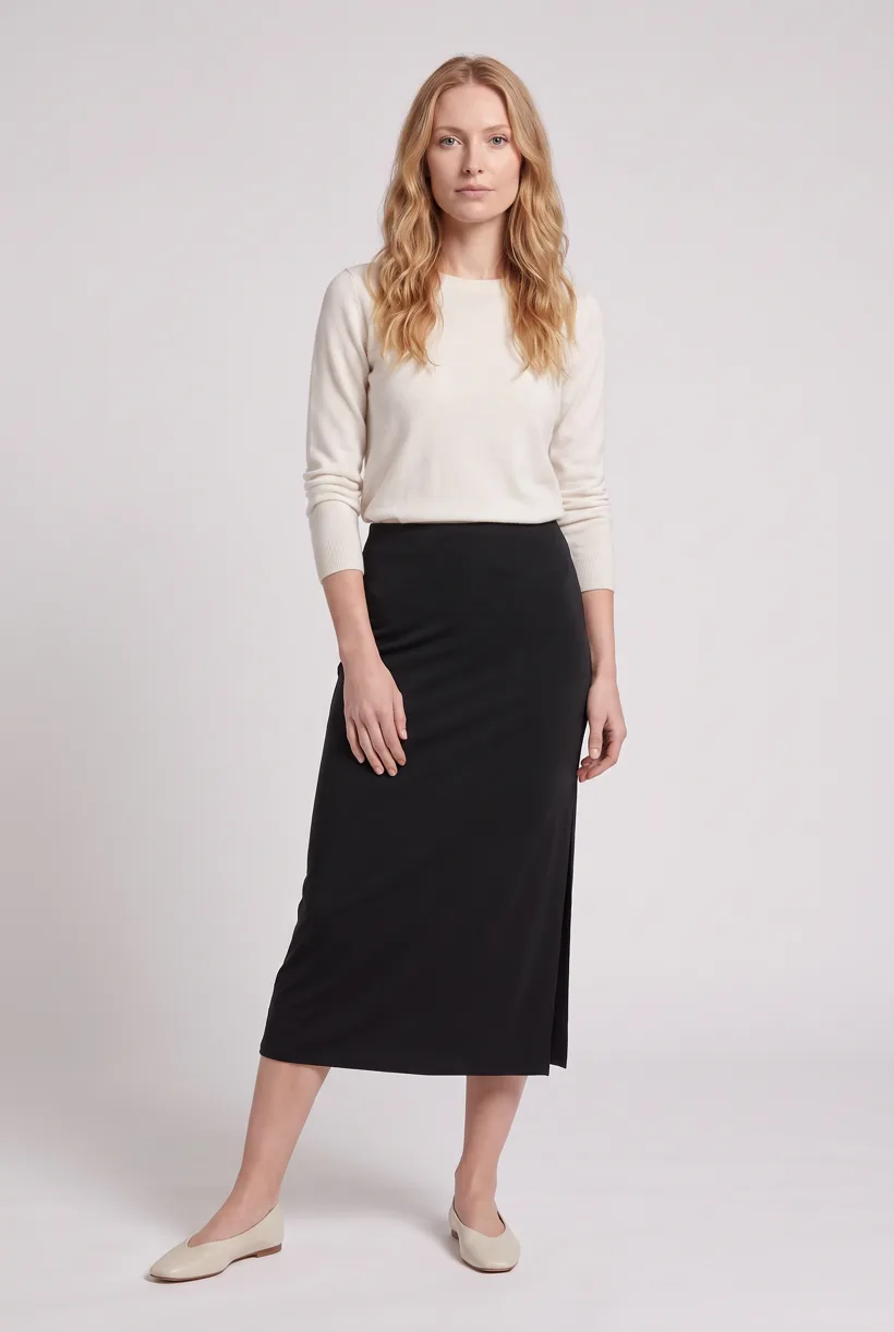 Model mit einem eng anliegenden Midirock mit hoher Taille, Ganzkörper-Frontansicht im Studio Pure White, erzeugt mit nano-banana-pro über die Vorlage Product page set