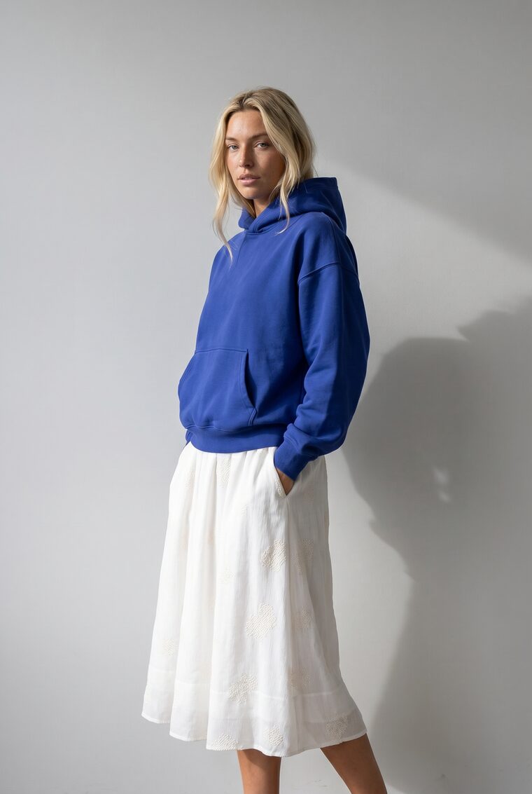 Cobalt hoodie paired with Midi skirt, generated on one model
