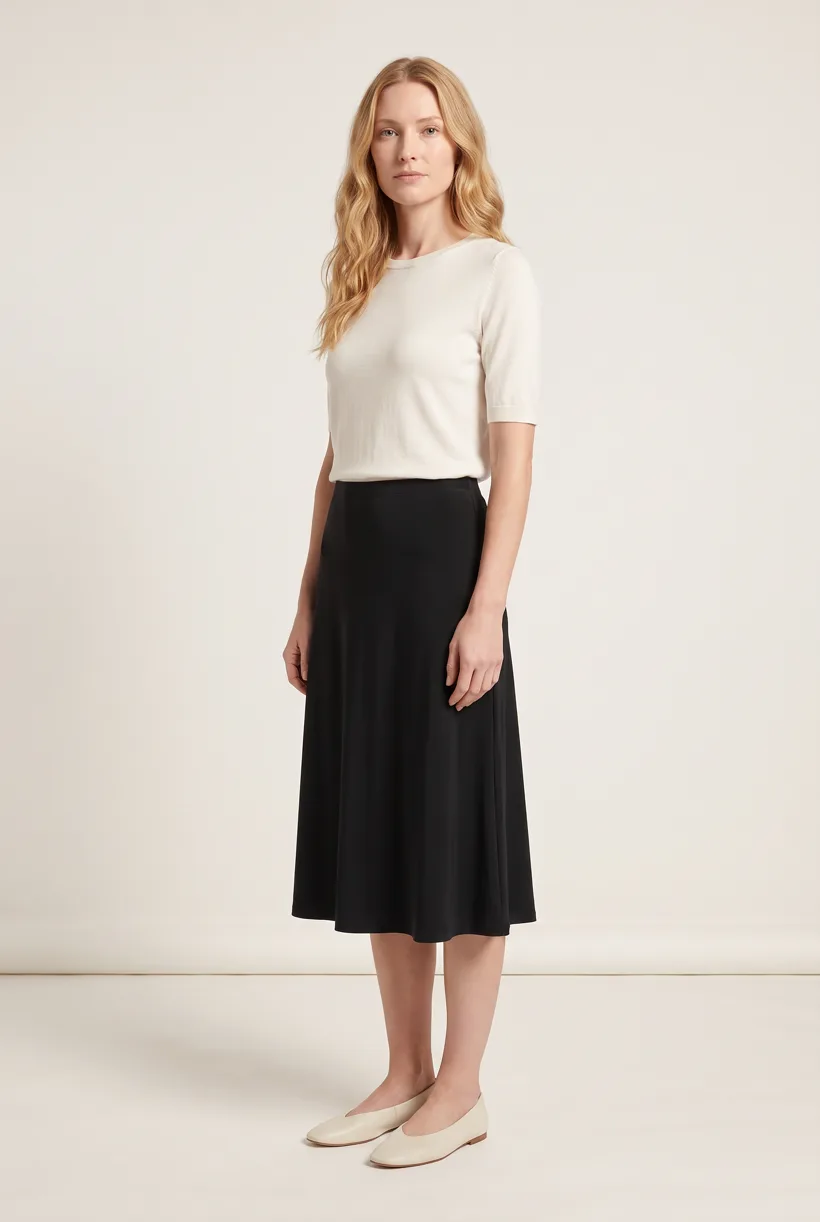 Model wearing a black fluid midi skirt, full-body front on the Pure White studio, generated with nano-banana-pro through the Product page set template