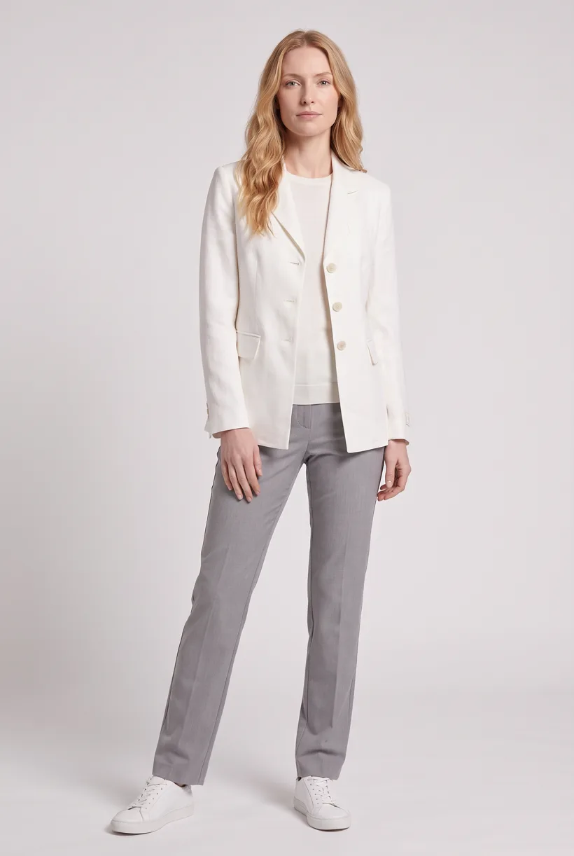 Model wearing a linen blazer, full-body front on the Pure White studio, generated with nano-banana-pro through the Product page set template