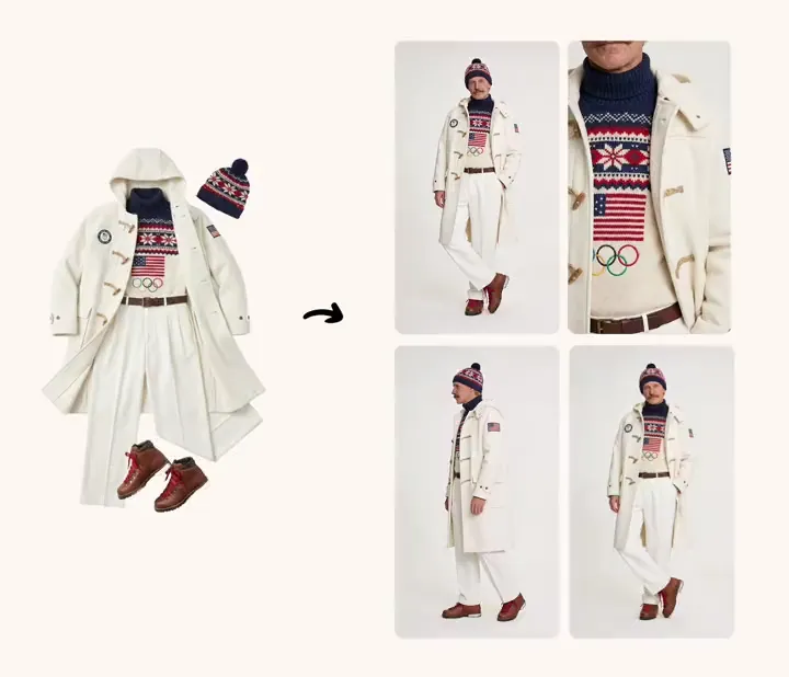 One clothing flat-lay transformed into five AI-generated visuals at different angles including video