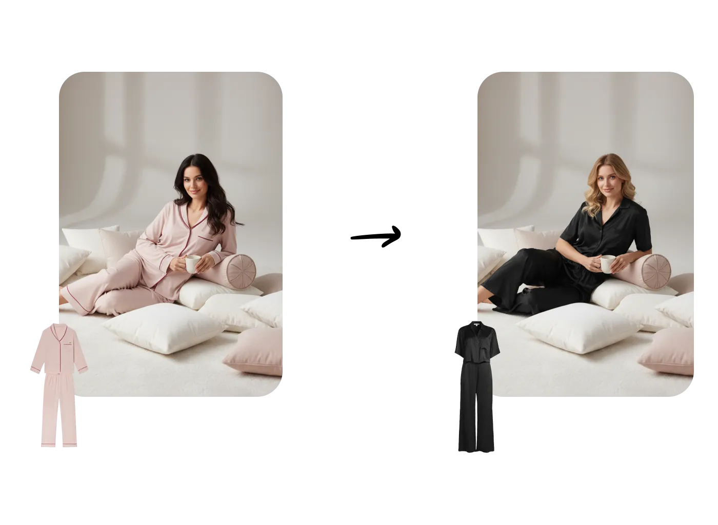 AI fashion photography showing consistent studio set with pillows and neutral background across different models wearing pink and black loungewear