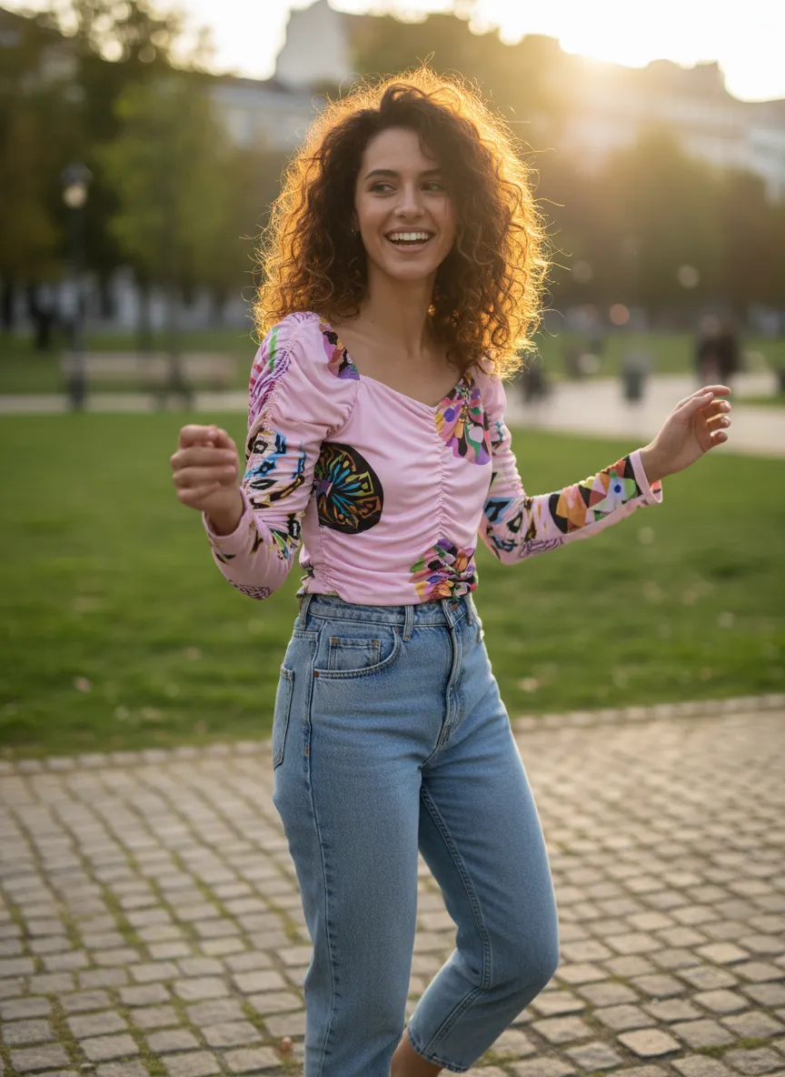 AI-generated female wearing pink butterfly print top and jeans