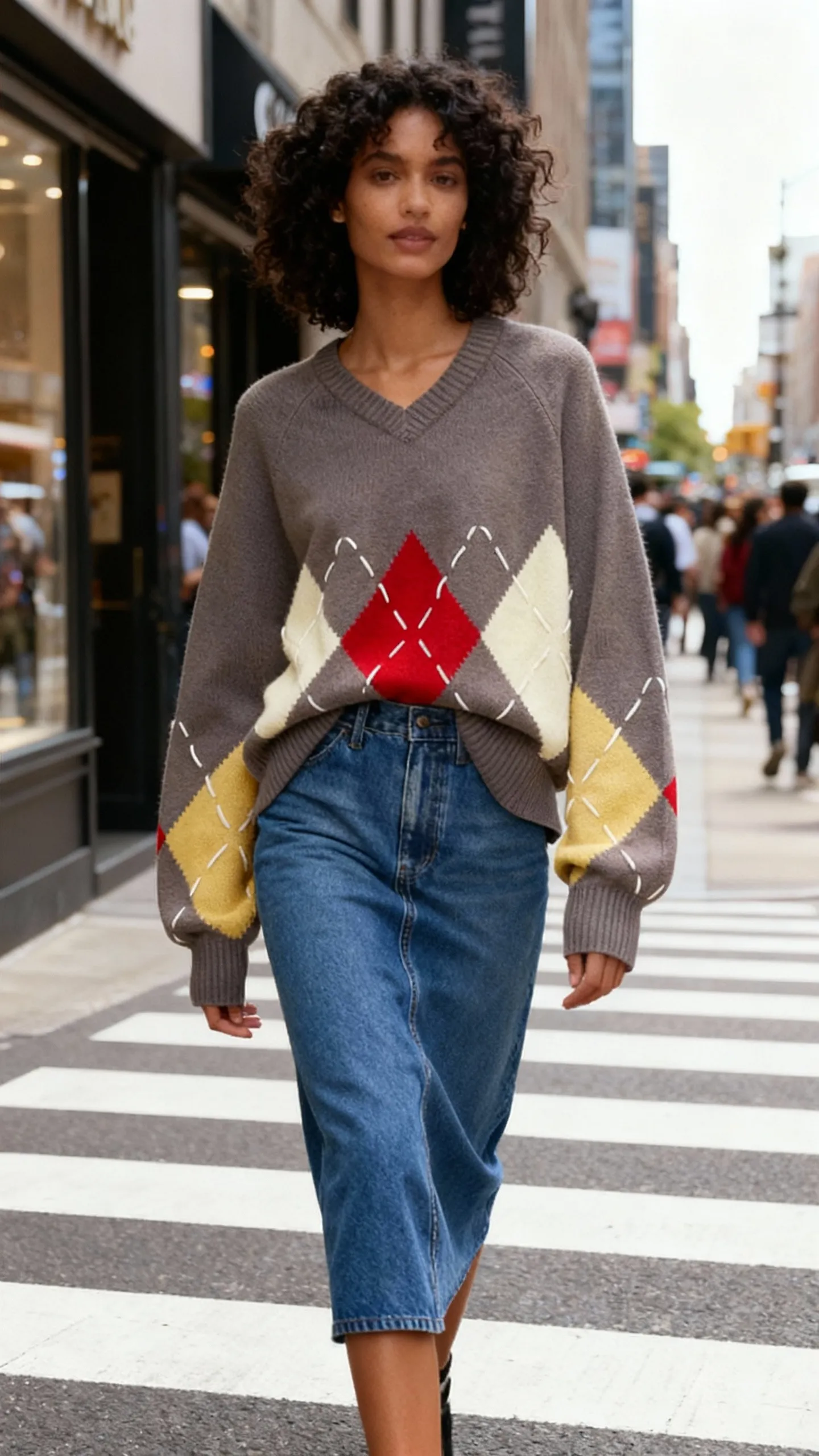 AI-generated female wearing gray argyle sweater and denim skirt
