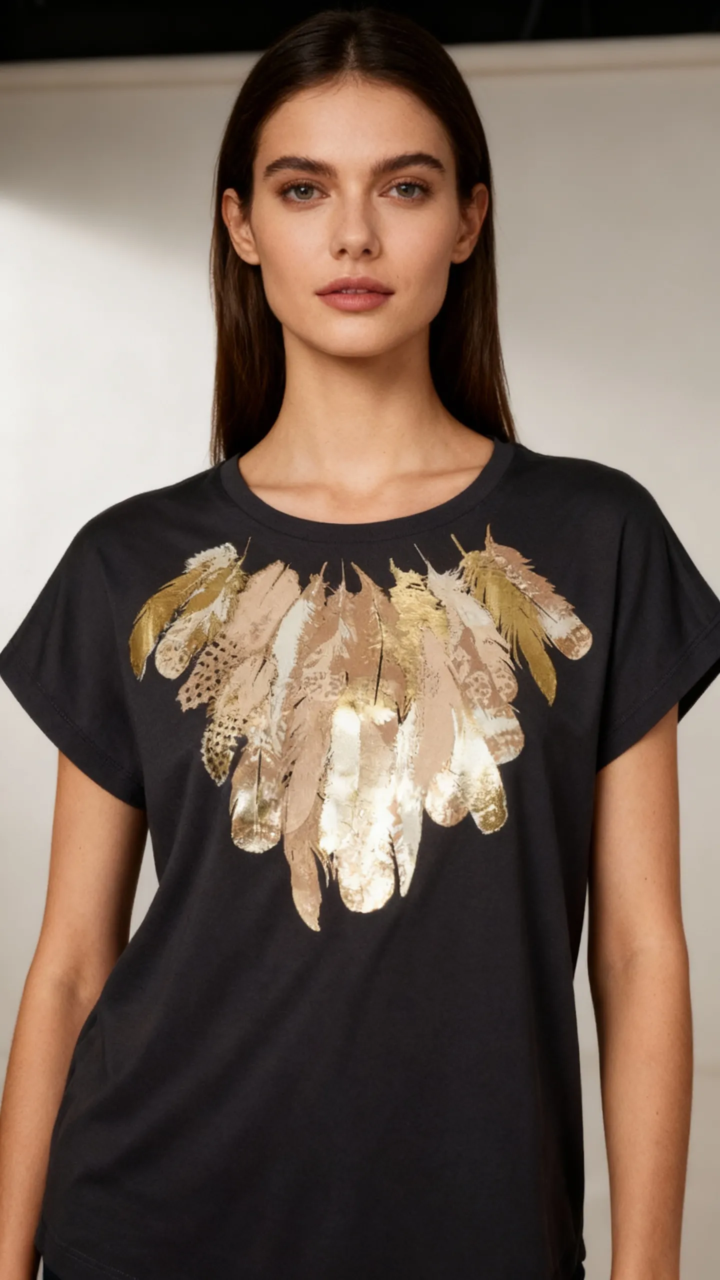 AI-generated female wearing black feather print t-shirt